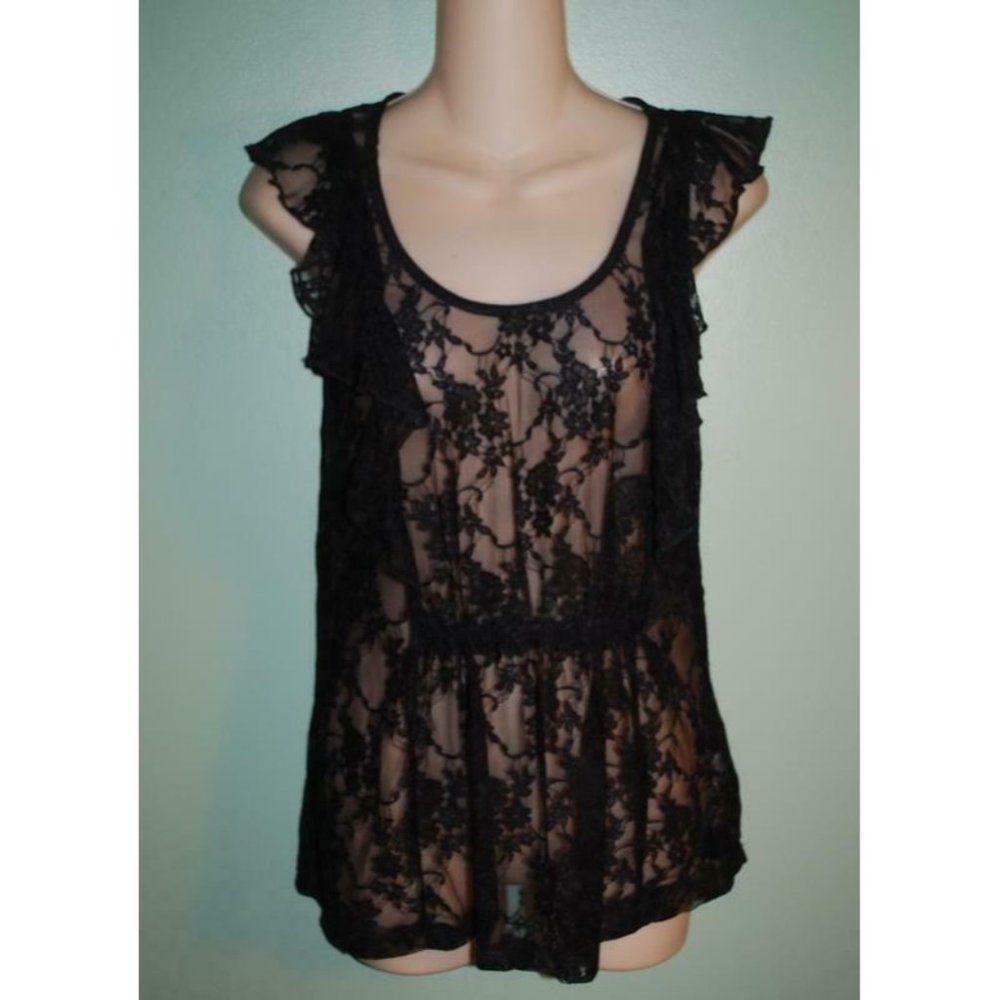 Vintage Sheer Lace Top Ruffle Front Sleeveless Shirt Banana Monkey M USA 1980s